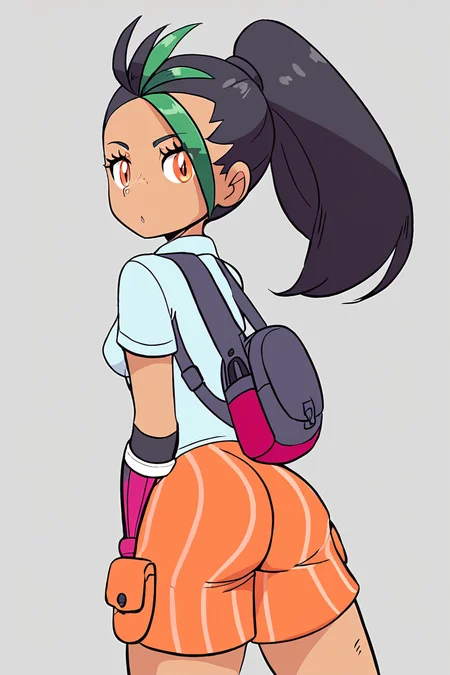 score_9, score_8_up, score_8, medium breasts, (curvy), cute, eyelashes,     Nemona \(Pokemon\), black hair, green hair, orange eyes, dark skin, multicolored hair, two-tone hair, hair pulled back, collared shirt, fingerless gloves, orange shorts, backpack   <lora:Nemona_Pokemon_P1:0.8>,   <lora:Diives_P1:1>,