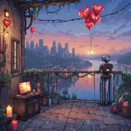 valentines day, abstract, rustic, balloons, wall-e and eve, outdoor terrace with city views, serene lakeside retreat, led candles <lora:ArsMJStyleSDXL_-_Pixel_Art:1> ArsMJStylePony, Pixel Art