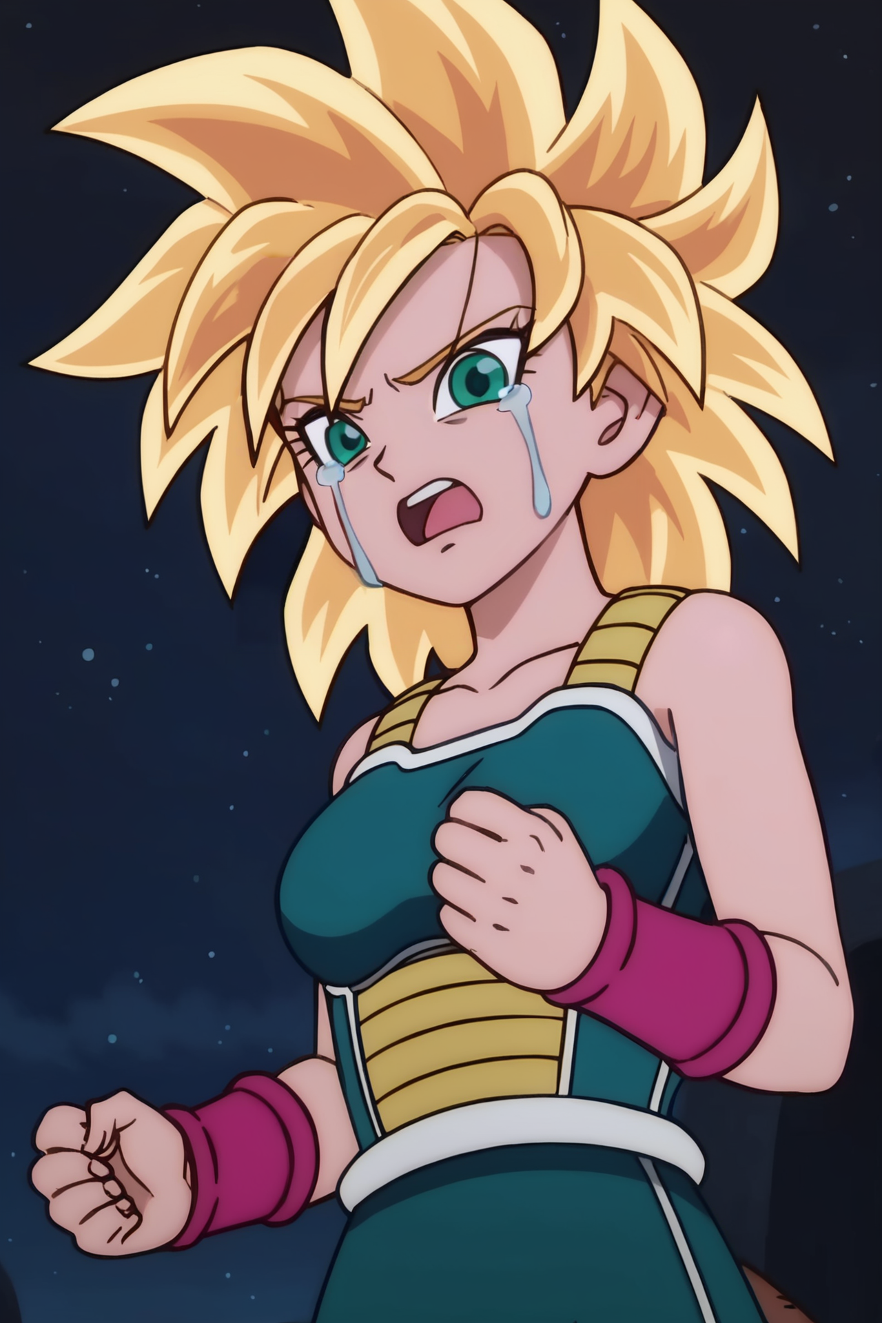 source_anime, score_9, score_8_up, score_7_up, anime screencap, absurd res, official style,
1girl, solo, breasts, looking at viewer, open mouth, night, blonde hair, tears, bare shoulders, medium breasts, collarbone, upper body, clenched teeth, green eyes, pink wristband, clenched hands, d:, saiyan armor, green skirt, eyelashes, eyebrows, green saiyan armor, white trim, angry, golden aura, 
 <lora:gine_pony_v4:0.8>