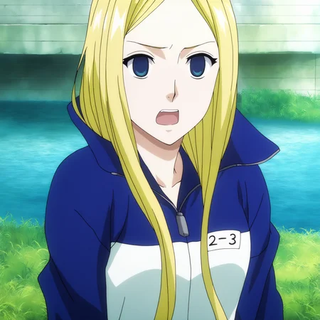 sharp focus, pixiv masterpiece, score_9, score_8_up, source_anime, score_7_up, best quality, high res, absurd res, BREAK
<lora:Nino_arakawa_under_the_bridge_illu_v38:1>,nino_arakawa_il, (1girl, solo:1.5), blonde_hair, blue_eyes, blue_white_tracksuit, number_tag, long_hair,(anime_screencap:1.1), riverside, (portrait:0.4)