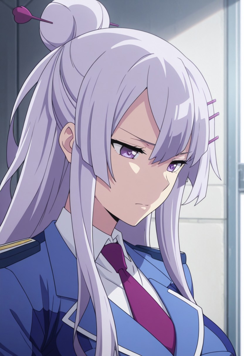 masterpiece,best quality,amazing quality, source_anime, 
Froleytia, 1girl, solo, purple eyes, purple hair, long hair, hair ornament, single hair bun, hair stick, uniform, shirt, white shirt, collared shirt, necktie, purple necktie, jacket, blue jacket, 
indoor,