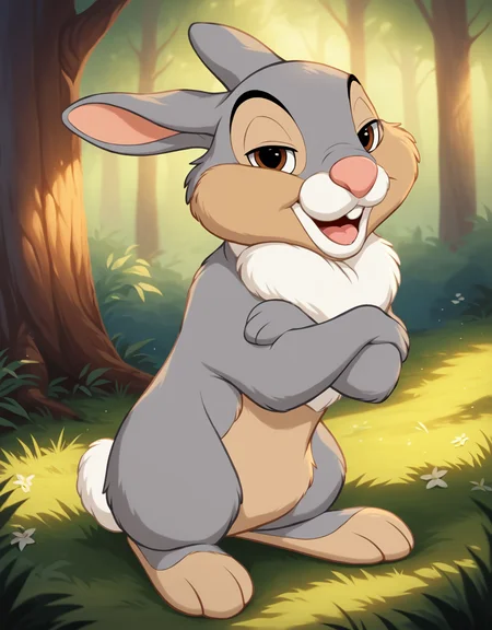 <lora:J_cartoon:0.6>, j_cartoon, <lora:ThumperXL:0.9>, thumper, score_9, score_8_up, score_8, Disney, solo, feral, male, ((small body proportions)), ((small)), ((short)), detailed fur, (gray fur), (mouth open), rabbit teeth, pink nose, (tongue out), (hazel eyes), (((gray eyelids))), ((half-closed eyes)), ((looking at viewer)), breathtaking, cute, environmental lighting, award-winning, professional, highly detailed, ((detailed shaders)), adorasexy, beautiful, high quality, outdoors, forest, standing, (((arms crossed))), ((three toes)), <lora:Furtastic_Detailer:1>,