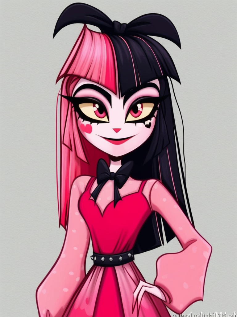 1 girl, 1 person, solo, <lora:HelHazbinV2:1> hellhazbin , <lora:Draculora:1> draculaura, streaked hair, pink hair, black hair, two-tone hair, pink eyes,