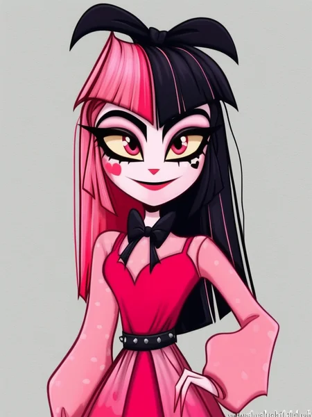 1 girl, 1 person, solo, <lora:HelHazbinV2:1> hellhazbin , <lora:Draculora:1> draculaura, streaked hair, pink hair, black hair, two-tone hair, pink eyes,
