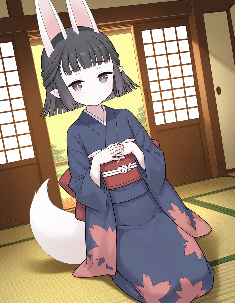 general,highres, ultra-detailed,very aesthetic,best quality ,best hands,  BREAK <lora:Hasaha_IS:1> Hasaha, 1girl,solo, animal ears, short hair, pointy ears, black hair, white tail, 
brown eyes, blunt bangs, fox tail, double sash, red obi,
 japanese clothes,  blue kimono, 
Japanese room, tatami,