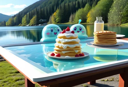 {foodphoto, a stack of pancakes made out of slime, (slime pancakes:1.5), slime syrup, pancakes covered in syrup, a swirl of whipped topping on top of a stack of pancakes, (slime whipped cream:1.5), (tan slime pancakes:1.5), (white slime topping:1.5)},
plate made of slime, table made of slime,
natural light, no bright spots,
((translucent slime)), ((transparent slime)), made of water, (bioluminescent slime), sl1m3d, slime, slime-morph, ais-blmn, saturated colors, no creatures, no humans, no monsters, no pokemon, scenery only, scenery, no slime creatures,