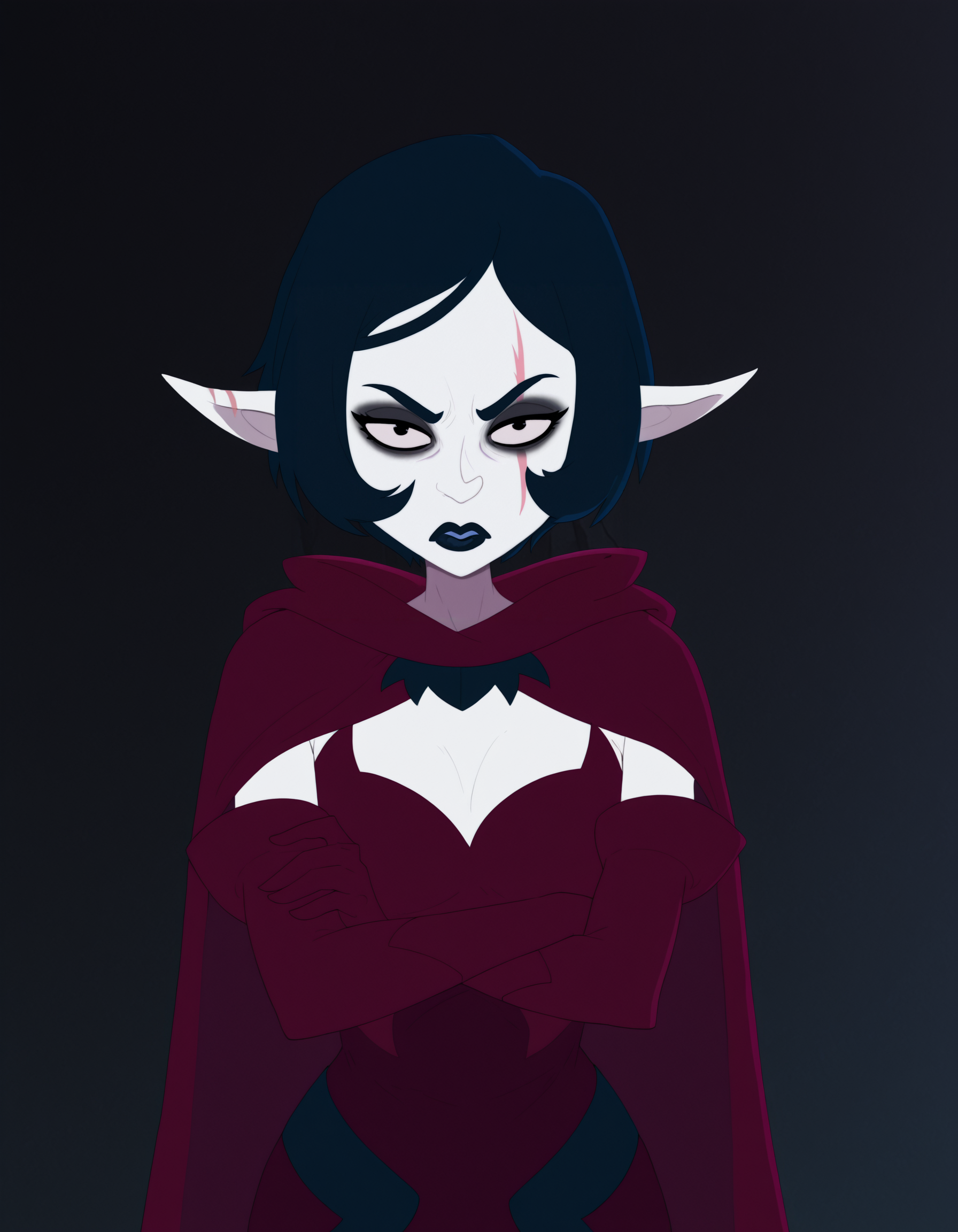 <lora:JudithDofusIllustrious1.0JLFO:1> judithdofus, 1girl, blue hair, short hair, solo, pointed ears, makeup, blue lips,cape,  , black eyes, pale skin, bodysuit, elbow gloves, scar across eye, looking at viewer,upper body,crossed arms,