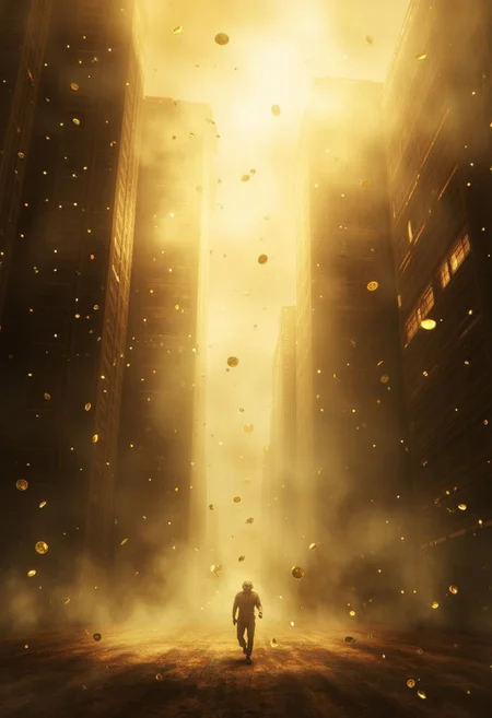 a painting of a beautiful misty cyberpunk city with soft gold illuminating light, with glistening shiny beautiful gold coins raining down from the sky and a few people running frantically covering their heads trying to run inside