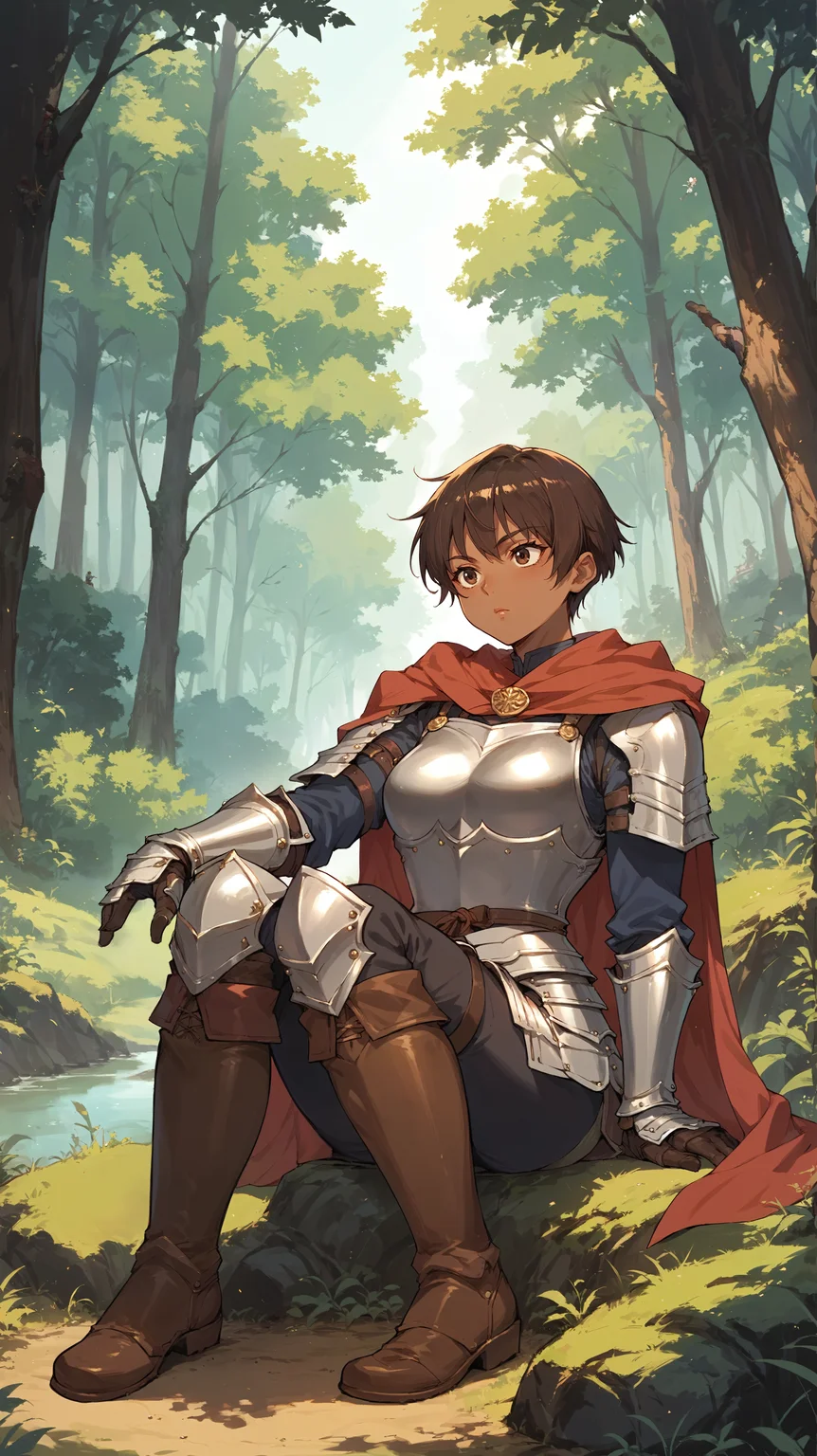 score_9,score_8_up,score_7_up,score_6_up, <lora:xl_more_art-full_v1:0.5>, source_anime, girl, dynamic pose, reclining, <lora:Casca - Pony-000004:0.8>, short hair, brown hair, dark skin, brown eyes, armor, breastplate, shoulder pads, armor, red cloak, brown boots, knee boots, forest, nature, outdoors,