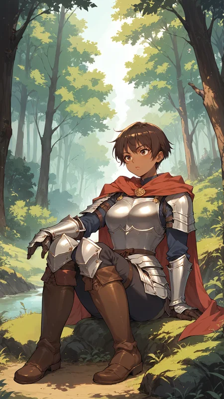 score_9,score_8_up,score_7_up,score_6_up, <lora:xl_more_art-full_v1:0.5>, source_anime, girl, dynamic pose, reclining, <lora:Casca - Pony-000004:0.8>, short hair, brown hair, dark skin, brown eyes, armor, breastplate, shoulder pads, armor, red cloak, brown boots, knee boots, forest, nature, outdoors,