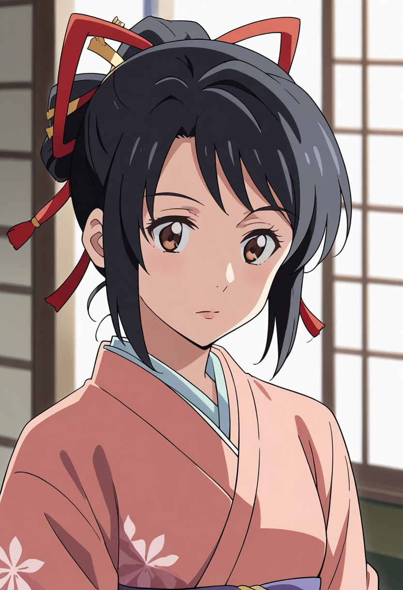 (masterpiece),mitsuha miyamizu,1girl, solo, black hair, ribbon, brown eyes, hair ribbon, upper body, japanese clothes, kimono, red ribbon,