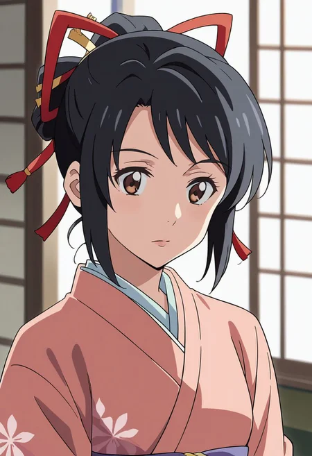 (masterpiece),mitsuha miyamizu,1girl, solo, black hair, ribbon, brown eyes, hair ribbon, upper body, japanese clothes, kimono, red ribbon,