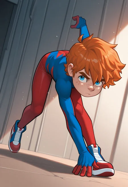 1boy, male focus, cute boy, BaileyBriggs, maskless, Orange Hair, Blue Eyes, Freckles, Spiderboy Costume, Two-tone Bodysuit, Red Bodysuit, Blue Bodysuit, Red Blue Sneakers, cinematic, intricately detailed illustration, depth of field, masterpiece, best quality, amazing quality, very aesthetic, absurdres, newest, very awa, shadow, dynamic angle, casual cosplay, dynamic pose,  action pose,
