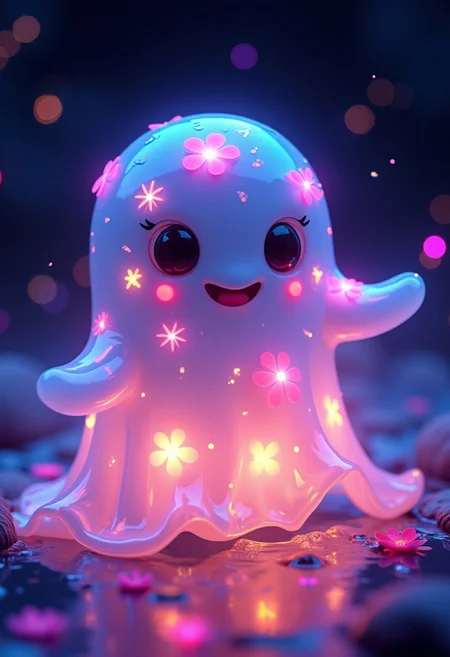 art by anne stokes,mandy disher, "highly detailed & intricate professional photography of an adorable friendly chibi ghost in a sheet composed of translucent Electroluminescent jelly; wearing flowers like the 1970s; Abstract concept art; 8k resolution; a trending masterpiece on Artstation; Captured in vivid triadic colors using Unreal Engine 5 and Octane for CG Society, the image is a surreal feast for the eyes", luminism, ultra highly detailed, 32 k, complex background, dynamic lighting, lights, digital painting, intricated pose, highly detailed intricated. Studio Ghibli Genshin Impact