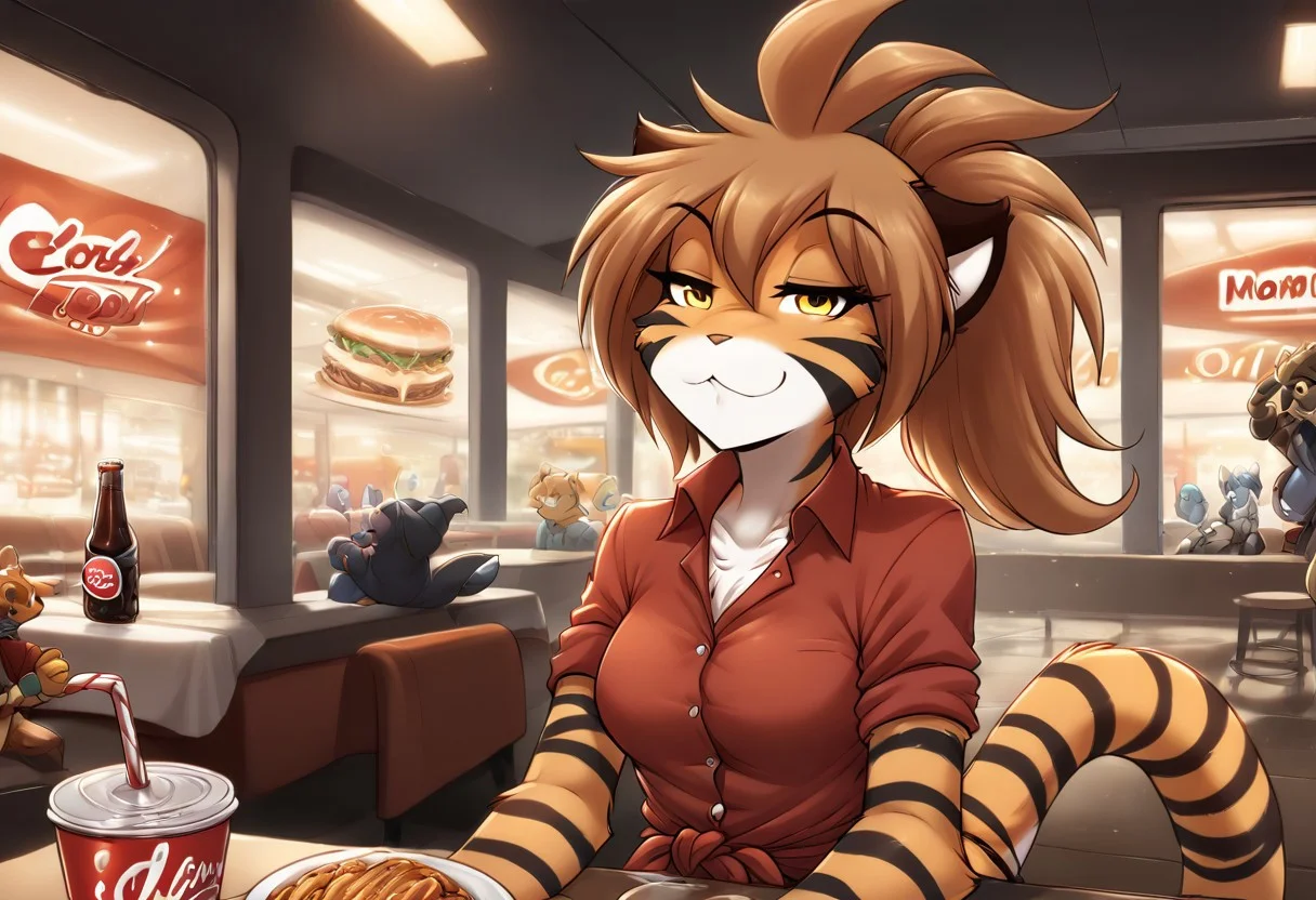 score_9, score_8_up, score_7_up, detailed background, (1girl, furry female, anthro, medium breasts, tkflora, tiger, striped fur, <lora:Flora_TwoKinds_PDXL_epoch_7:1>, yellow eyes, long brown hair, rockabilly ponytail, red bandanna, tied up red shirt, (half-closed eyes:1.1, clothed female), lewd expression,) coca-cola, bottle in hand, <lora:hud_v1ntagedr1nk_XLP2:0.7>, diner, interior, looking at viewer, female focus
