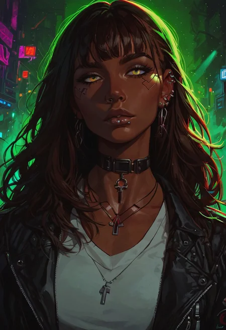 score_9, score_8_up, score_8_up, 1 Indian girl, dark-skinned girl, cyberpunk, brown hair, ((long hair)), ((bangs)), straight hair, piercings, choker, portrait, ((streetwear)), average tits, teardrop shaped tits, fit body, thin waists, beautiful, night neon lighting, negative_hand, g0thicPXL, GTA