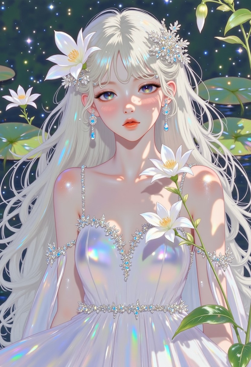 pinkprismaticglow,
A luminous woman with silvery-blonde hair cascading in soft waves, adorned with glowing white lilies. Her soft blue eyes shimmer with moonlight, and her skin has a pearlescent sheen. She wears a flowing silk gown in pale ivory. The background features a tranquil moonlit pond, with floating lily pads and faint ripples in the water.