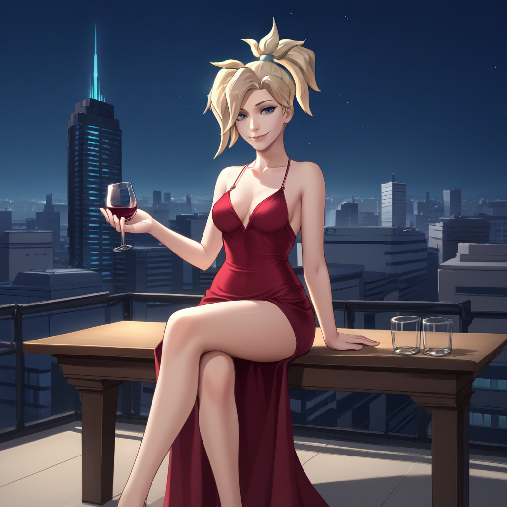score_9, score_8_up, score_7_up, score_6_up, score_5_up, score_4_up, zPDXL2,source_anime,rating_questionable,<lora:Cityscape:0.7> c1tysc4pe, outdoors, cityscape, rooftop, city skyline, night, night time, sitting, table,  mercy overwatch, red dress, holding wine glass, looking at viewer, smile