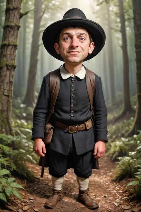 A beautifully rendered digital  caricature of a young man  pilgrim standing in a forest,  <lora:Caricature_XL-000005:0.8> <lora:add-detail-xl:0.8>
