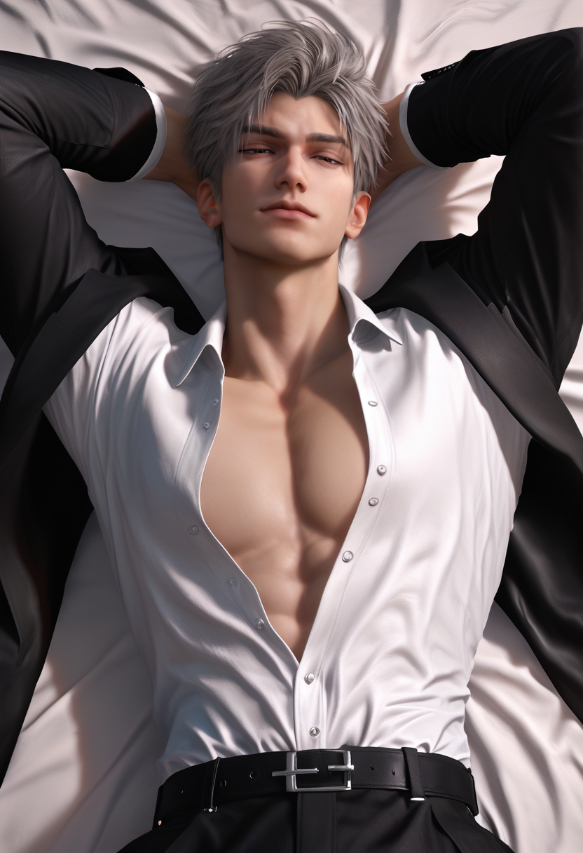 score_9,score_8_up,score_7_up,2boys,solo,yaoi,bara,male focus,fairly nsfw,uncersored,highres,best quality,amazing quality,best aesthetic,absurdres,<lora:add-detail-xl:1>,<lora:Sylus:0.5>,sylus,realistic,black suit,white shirt,open clothes,arms up,