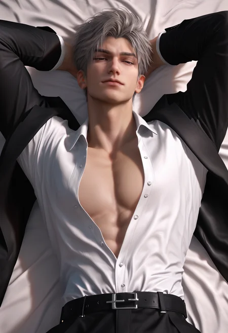 score_9,score_8_up,score_7_up,2boys,solo,yaoi,bara,male focus,fairly nsfw,uncersored,highres,best quality,amazing quality,best aesthetic,absurdres,<lora:add-detail-xl:1>,<lora:Sylus:0.5>,sylus,realistic,black suit,white shirt,open clothes,arms up,