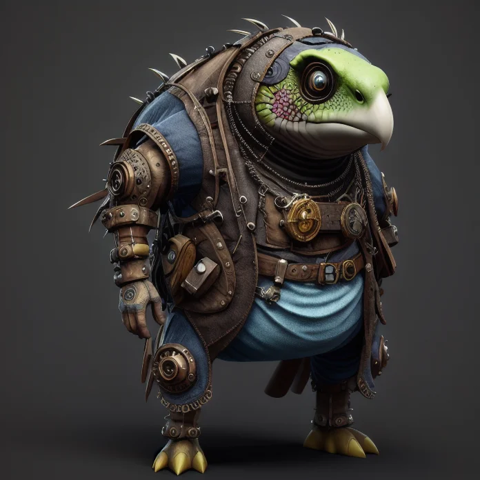 Fantz cartoon (creature:0.6)|(turtle:0.5) design, ultra detailed, random colors, steampunk, and punk costume, <lora:Small_Mostersv2:0.3> <lora:Creature_Design2_V1:0.6>