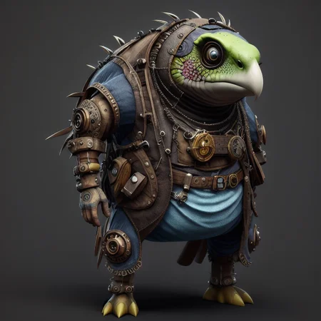 Fantz cartoon (creature:0.6)|(turtle:0.5) design, ultra detailed, random colors, steampunk, and punk costume, <lora:Small_Mostersv2:0.3> <lora:Creature_Design2_V1:0.6>