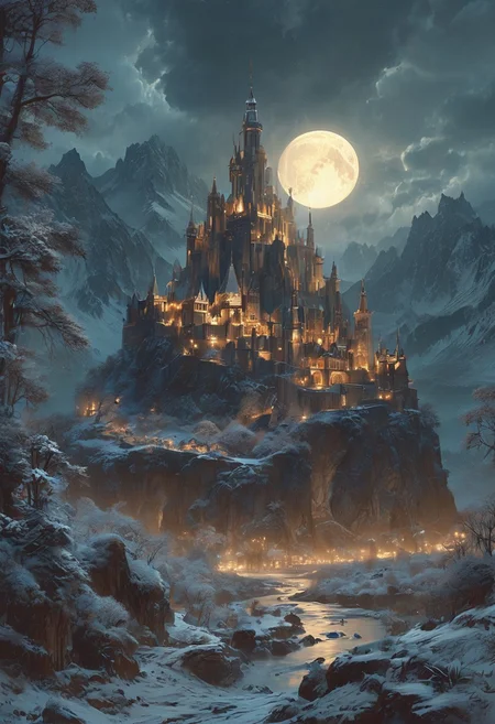A captivating night scene illustration featuring a grand yet comfortable fortified castle  standing tall on a rocky and snowy mountain. The castle, adorned with multiple windows, emits a warm glow, highlighting its intricate architecture and rich history. The snow mountain is covered in great pine trees, reflecting on the calm, moonlit snow  that mirrors the silvery moonlight. The full moon graces the sky, casting an ethereal glow on the clouds and mountain, while wispy clouds partially obscure its brilliance, adding to the scene's mystique. Twinkling stars dot the sky, creating a celestial tapestry that harmonizes with the moon's radiance. This enchanting artwork captures a serene and peaceful night, where the illuminated castle  stands resolute amidst the celestial beauty, creating a cinematic experience., illustration, cinematic
<lora:DonM3t3rn1tyXL-v1.1:0.7>, DonM3t3rn1tyXL,
OverallDetailXL  <lora:MJ52:0.3>  <lora:SDXLFaeTastic2400:0.4>  <lora:EpicF4nta5yXL:0.7>