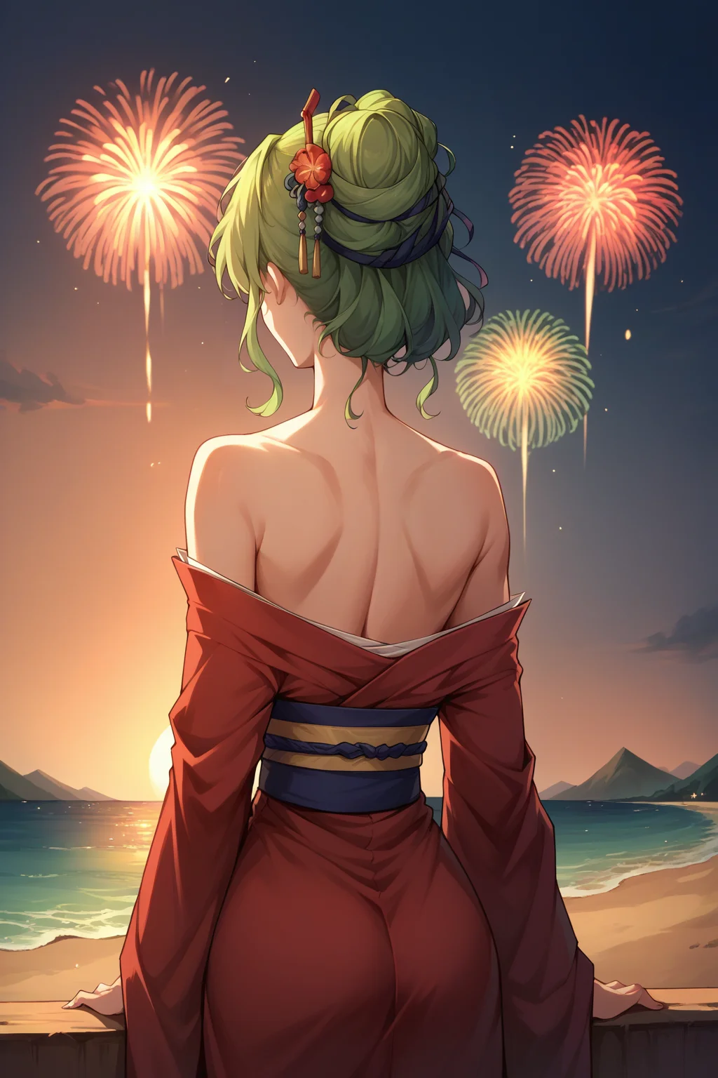 score_9, score_8_up, score_7_up, 1girl, solo, <lora:NSLArachelFE8:1> NSLArachelFE8, green hair, hair ornament, red kimono, fireworks, evening, sunset, bare shoulders, beach, from behind