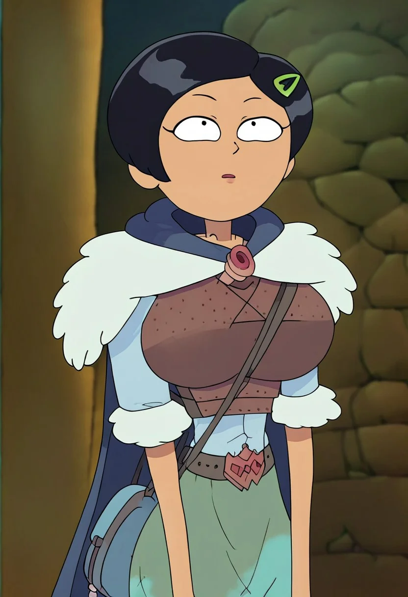 Marcy Wu, zPDXL, Expressiveh, source_anime, female, solo female, 1girl, solo, Marcy Wu, black hair, short hair, green hairclip, armor, grey skirt, black cape, huge breasts,