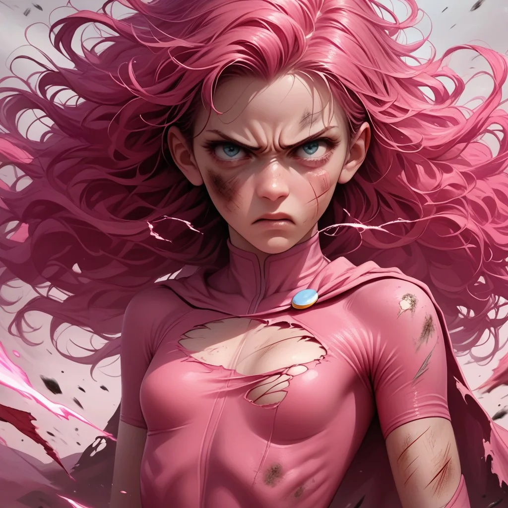 score_9, score_8_up, score_7_up, score_6_up, score_5_up, score_4_up, 1girl, pinkie pie, superhero, long hair, torn clothes, cuts and bruises, determined look, wind blowing hair, pink energy, small breasts, skinny, covered chest
