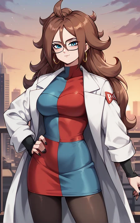 score_9, score_8_up, score_7_up, BREAK
HumanForm_Labcoat_Android21_ownwaifu, android 21,
1girl, big hair, blue eyes, brown hair, curly hair, glasses, hoop earrings, jewelry, long hair, spiked hair, hair between eyes, medium breasts, nail polish, black nails, black-framed eyewear, messy hair,
lab coat, white coat, long sleeves, checkered dress, black pantyhose, short dress, blue dress, red dress, turtleneck dress, impossible clothes, taut clothes, collarbone,
(contrapposto, hand on hip), sunset, sidelighting, cityscape, vanishing point, outdoors, <lora:PONYXL_Android21_DragonBall_ownwaifu:1> , depth of field, solo,