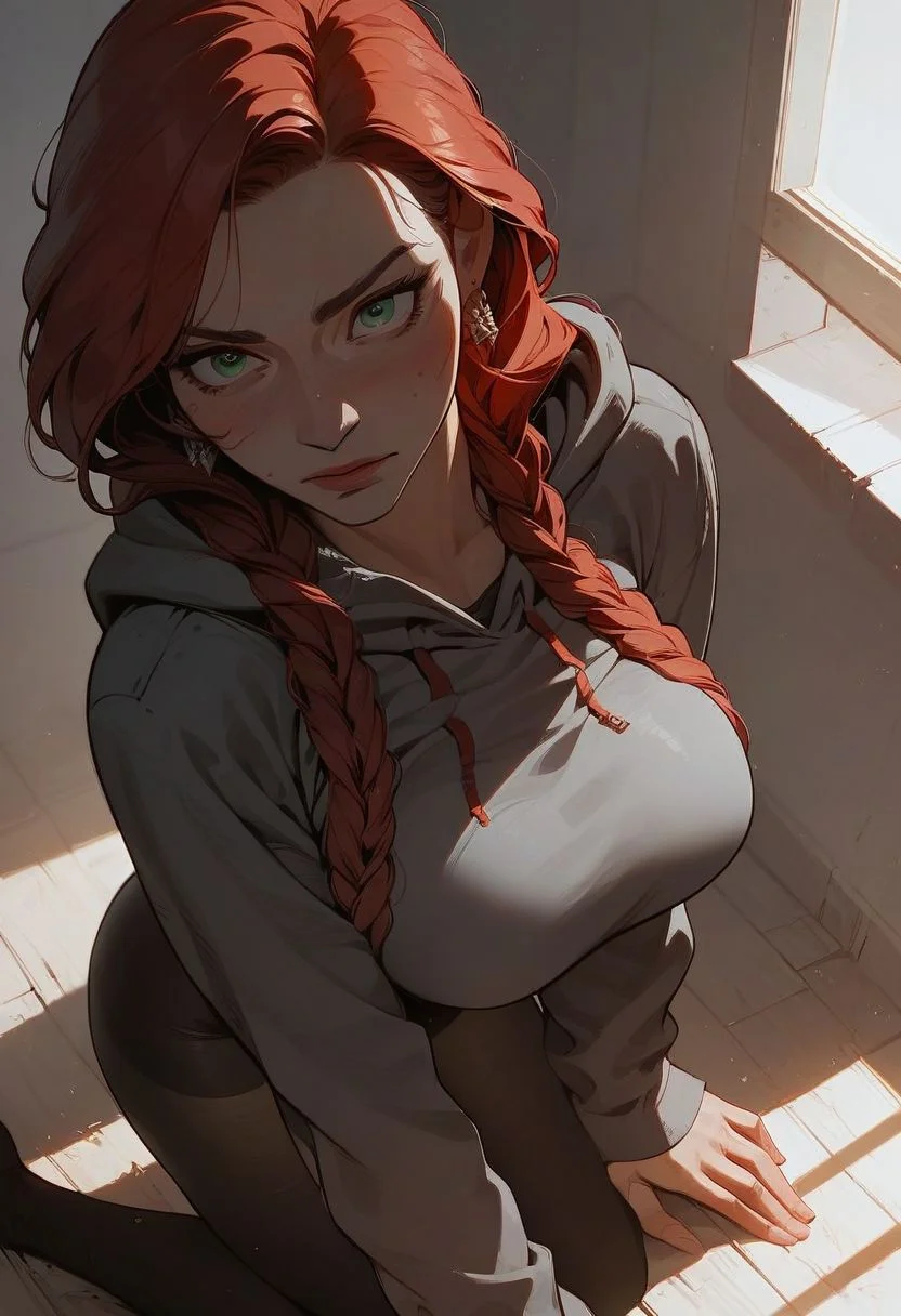 Expressiveh, score_9, score_8_up, score_7_up, masterpiece, cinematic lighting, best quality, close up, textured skin, shiny skin, skindentation, girl with light skin, large breasts, red hair, long hair with braids, glowing green eyes, gray hoodie, earrings, black tights, bedroom background, window in background, view from above, kneeling