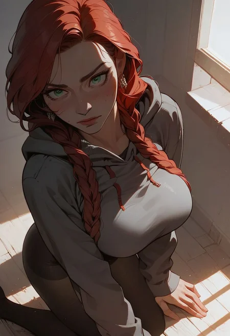 Expressiveh, score_9, score_8_up, score_7_up, masterpiece, cinematic lighting, best quality, close up, textured skin, shiny skin, skindentation, girl with light skin, large breasts, red hair, long hair with braids, glowing green eyes, gray hoodie, earrings, black tights, bedroom background, window in background, view from above, kneeling