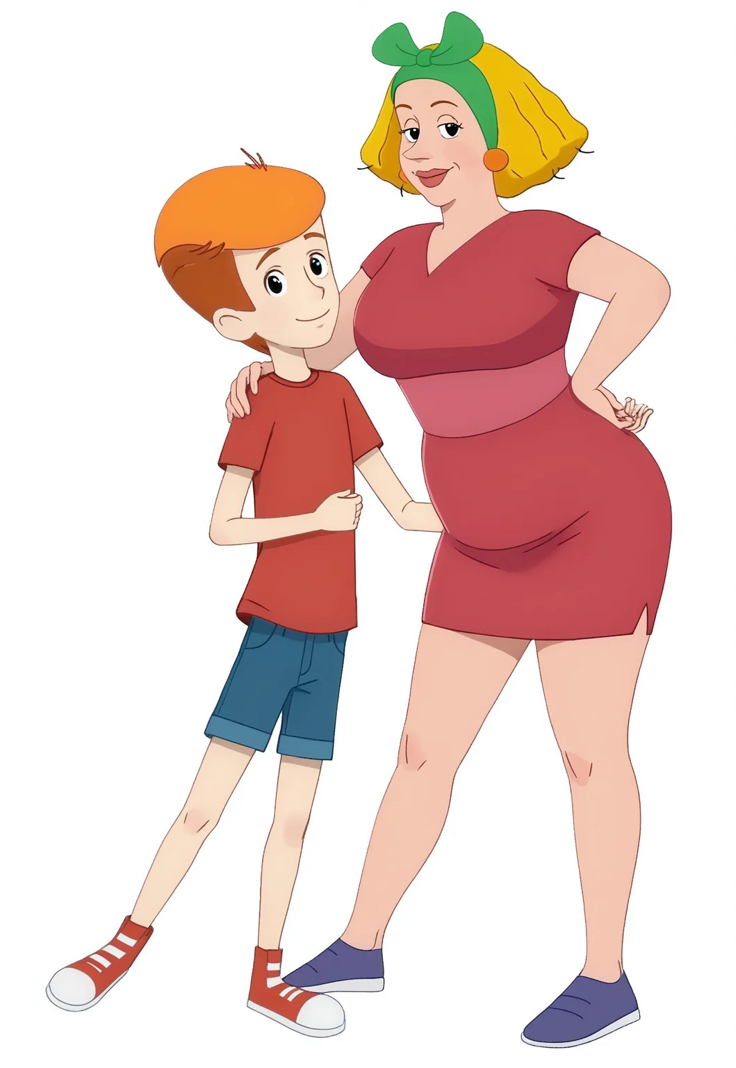 safe_pos,  perfect hands, detailed, white wall background, two characters, couple boy and woman, prostokvashino, black eyes, footwear,  couple with size difference, shorter male, bigger female, 

(margo, woman with short blonde hair and green hairbow, busty milf, short microdress, blue footwear   ).

(fyodor, shrty undersized boy with short orange hair, boy in denim shorts and red shirt, red footwear).

couple posing against viewer, woman hug boy with one hand, happy smile, eye contact, standing couple, looking each other, 