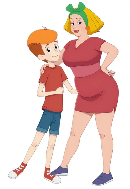 safe_pos,  perfect hands, detailed, white wall background, two characters, couple boy and woman, prostokvashino, black eyes, footwear,  couple with size difference, shorter male, bigger female, 

(margo, woman with short blonde hair and green hairbow, busty milf, short microdress, blue footwear   ).

(fyodor, shrty undersized boy with short orange hair, boy in denim shorts and red shirt, red footwear).

couple posing against viewer, woman hug boy with one hand, happy smile, eye contact, standing couple, looking each other, 