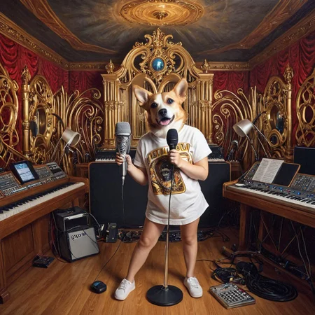 dog girl dressed in an elaborate collection of qu4ntum covering her in a majestic way holding microphone, music studio, painting of cute qu4ntum, pg safe