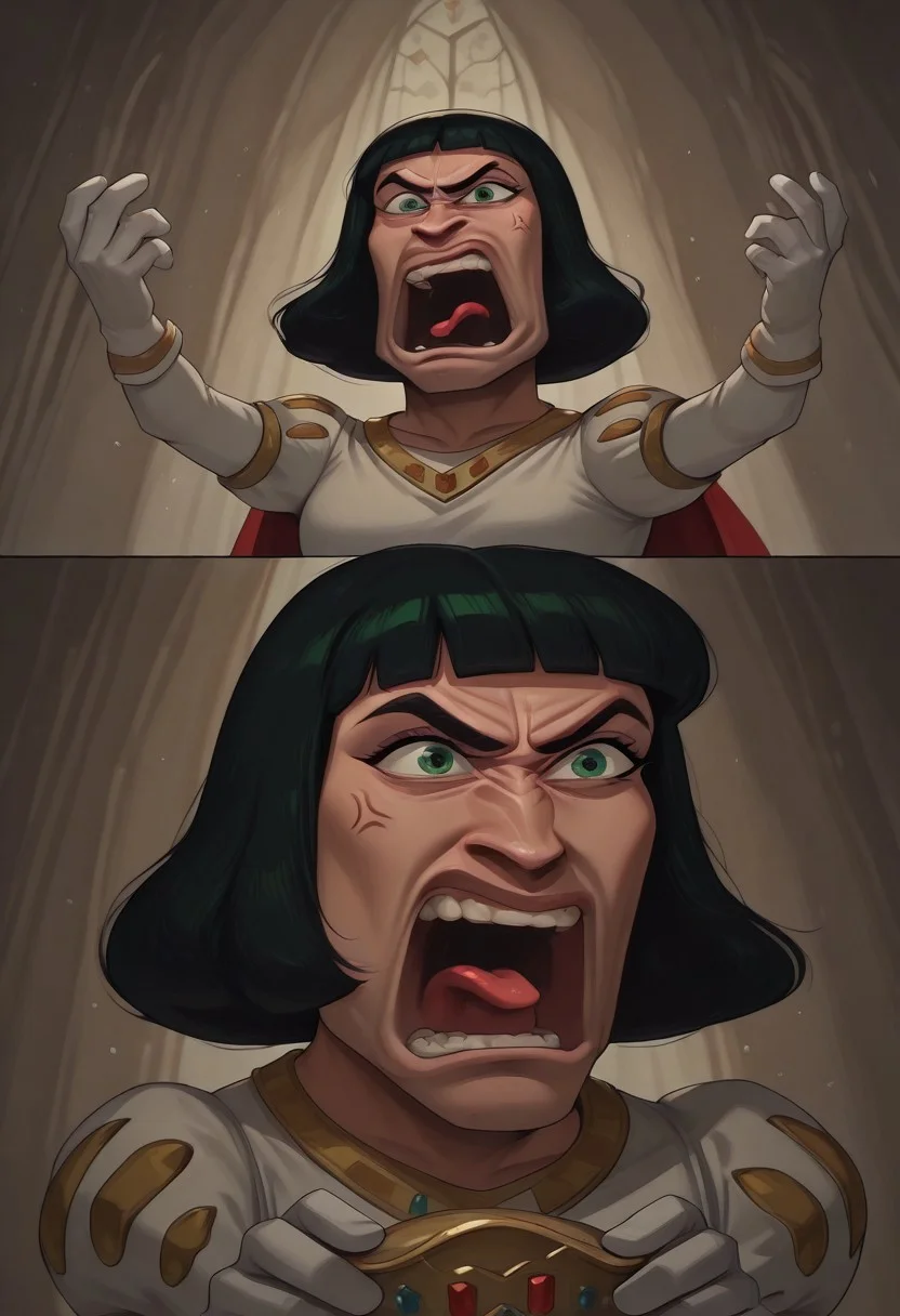 masterpiece, best quality, newest, absurdres, highres, anime, anime style, Lord-Farquad-IL-wedding outfit, short hair, white gloves, cape, gloves, green eyes, white outfit, black hair, crown, holding crown, REEEEEEEEEEEEE-V1.1, angry, scream, tongue, tongue out, open mouth, anger vein,