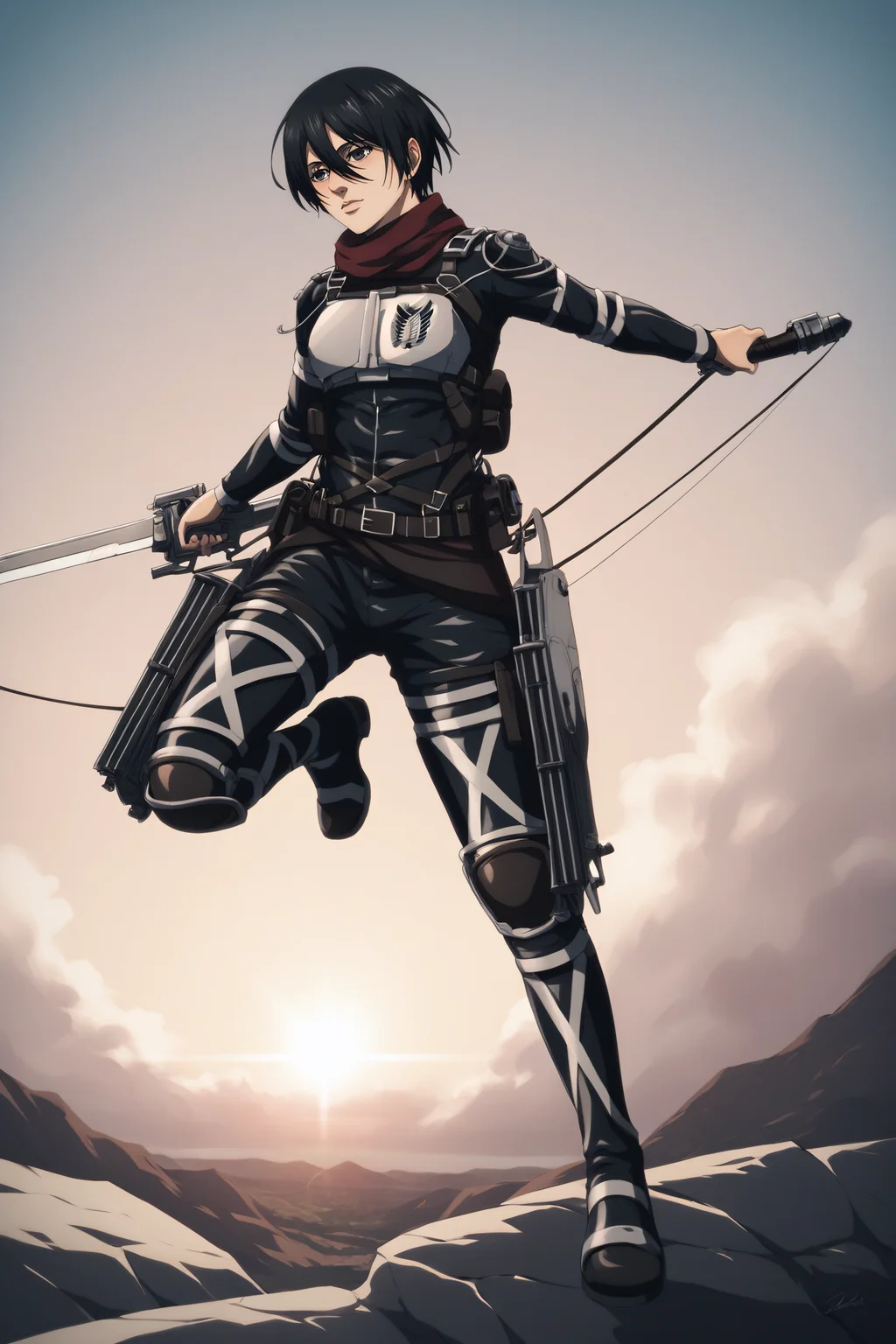 score_9, score_8_up, score_7_up, BREAK source_anime, <lora:adult mikasa ackerman-PonyXL-lora-faxtron:0.8> adult mikasa ackerman, black eyes, black hair, short hair, paradis military uniform, armor, boots,