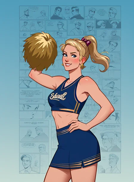 score_9, score_8_up, score_7_up, cheerleader, blonde hair, skirt, crop top, midriff, pom pom (cheerleading), hand on hip, blue eyes, navel, 1girl, smile, english text, looking at viewer, breasts, blush, lips, high ponytail, blue skirt, earrings, solo, jewelry, contrapposto, bullypxl, comic wallpaper, <lora:bullypxl:0.8>, text "Bully PONY XL", blue outfit, light blue background,