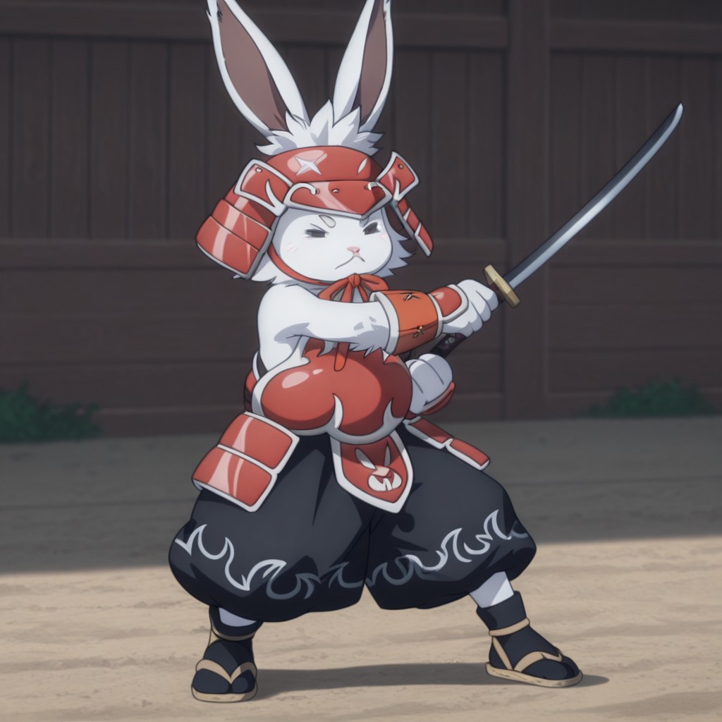 masterpiece, best quality, amazing quality, CeecrueslfIL, semi-anthro, male, rabbit, white fur, squinted eyes, red Samurai armor, red Samurai helmet, baggy black pants, white trim, black socks, tan sandals, outside, fighting stance, holding katana