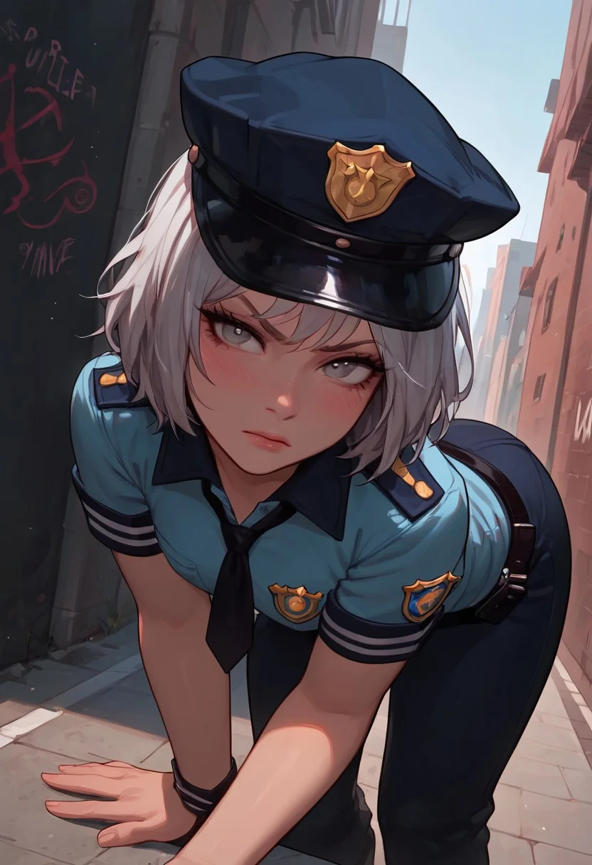 masterpiece, best quality, wallpaper, highly detailed, score_9, score_8_up, score_7_up, score_6_up, source_anime, (vivid colours), g0thicPXL,
BREAK.
1girl, blush, big ass,short silver hair, (messy silver hair), bangs,pale skin, medium breast, sexy face, glowing light,young, perfect body, fair skin, ((dark circles under eyes)), ((messy silver hair)),little happy, grey eyes,open eyes,(tired face), police outfit, police hat,police costume,angry pose, dynamic from, dynamic view,sexy pose,holding a note,dynamic pose,from behind, ass focus, (dutch angle),police pants,pov,hands pulldown pants,bent over to issue a ticket to a car
BREAK
city background, graffiti,(street), ((police patrol in background)),outdoor, medium angle, fisheye cam