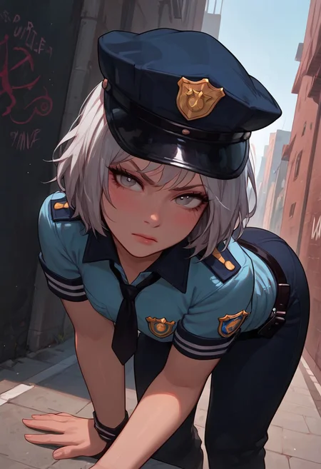 masterpiece, best quality, wallpaper, highly detailed, score_9, score_8_up, score_7_up, score_6_up, source_anime, (vivid colours), g0thicPXL,
BREAK.
1girl, blush, big ass,short silver hair, (messy silver hair), bangs,pale skin, medium breast, sexy face, glowing light,young, perfect body, fair skin, ((dark circles under eyes)), ((messy silver hair)),little happy, grey eyes,open eyes,(tired face), police outfit, police hat,police costume,angry pose, dynamic from, dynamic view,sexy pose,holding a note,dynamic pose,from behind, ass focus, (dutch angle),police pants,pov,hands pulldown pants,bent over to issue a ticket to a car
BREAK
city background, graffiti,(street), ((police patrol in background)),outdoor, medium angle, fisheye cam
