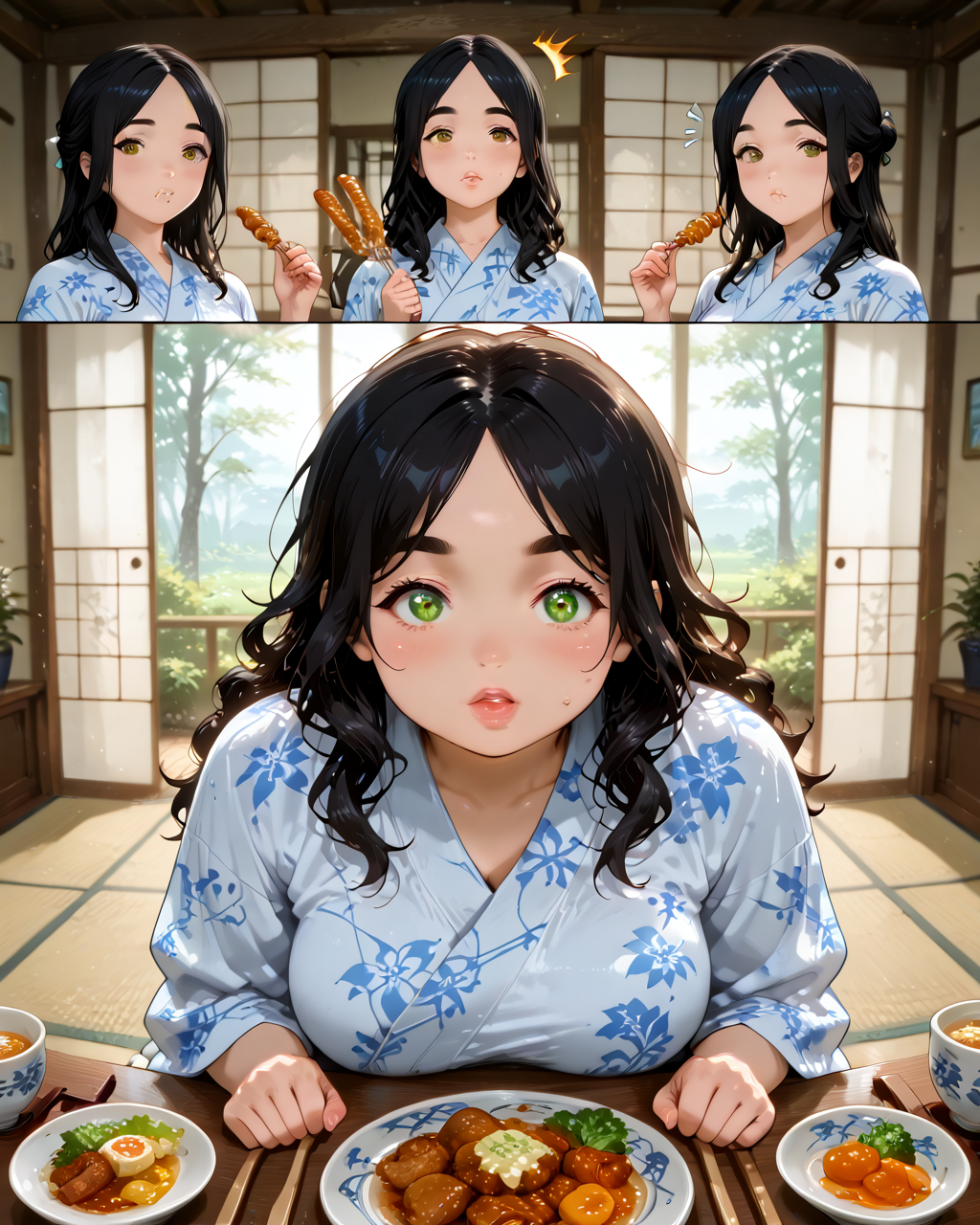 IllusP0s, PonyScores7, source_anime, ah1, IllustriousQual, interesting, exciting, spectacular, wonderful, 
BREAK <lora:xl_more_art-full_v1:0.2>, <lora:aesthetic_anime_v1s:0.2>, <lora:EpicF4nta5yXL:0.2>, <lora:detailxl:0.2>, detailxl, <lora:Fant5yP0ny:0.2>, amazing quality, best aesthetic, absurdres, illustration, Volumetric_Lighting, ultra-detailed, very aesthetic, intricate details, best_quality,
BREAK ((sitting, eating)),
BREAK Stable_Yogis_PDXL_Positives, AS-Adult, <lora:Complicated fantasy portrait - XL Pony V2.0:0.2>, bad-hands-5, <lora:HDA_Detailer:0.3>,  <lora:Love_Live_Sunshine_Illustrious_SD8-1:0.5>, ((reference sheet)),
BREAK 1girl, mature female, (curvy), round-chin, caucasian, <lora:ETO_OC_Illustrius:0.5>, eto_oc, skindentation, (plump), thick thighs, wide hips, busty, voluptuous, <lora:venus body PonyXL:0.3>, <lora:shinyskin2:0.2>, glistening skin, HDA_FatGirlXL, round ass, large breasts,
BREAK ((<lora:heyashoku:0.5> heyashoku, food, table, yukata)),
BREAK (curly hair), long hair, (black hair:1.4), (parted hair:1.7), messy hair, kinky curls, <lora:hairdetailpxl:0.2>, hairdetailpxl,
BREAK (half green and brown eyes), (colorful eyes), (multicolored eyes), (downturned eyes:1.4), expressive eyes, <lora:perfect-eyes:0.4> perfecteyes , EyesHD, (round face:1.2), (thick eyebrows:1.3), (plump face), <lora:Round_face:0.2>, lips, <lora:DetailedEyes_xl_bdsqlsz_V1:0.4>, <lora:Eyes_Lora_Pony_Perfect_eyes:0.4>, <lora:focusoneyes:0.4>,
BREAK ((surprised expression)), <lora:Expressive_H:0.2>, Expressiveh, <lora:Emotional_Anime_Expressions_PonyXL_Concept:0.2>, emotional, <lora:Best_Facial_Expression_LoRA_PONY:0.2>, looking at viewer, <lora:Detailed expressive EXEV style -XL Pony V1.0:0.2>, FaceDetail, <lora:Best_Facial_Expression_Helper_XTREME_ILLU:0.4>, kaogei,
BREAK (((indoors, ryokan))), <lora:Background Detailer - SDXL:0.8>, 4k, 8k, Ultra HD, Masterpiece, Best quality, Detailed background, <lora:Add_more_details_V2_XLpony:0.4>, full_details, <lora:background-type1:0.4>,