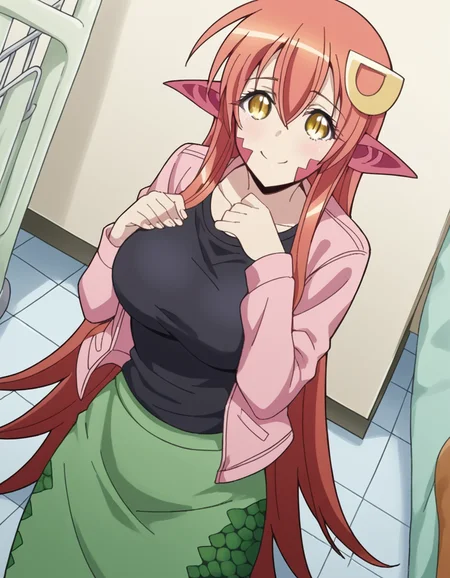 score_9, score_8_up, score_7_up, source_anime, <lora:lamia-miia-s1-ponyxl-lora-nochekaiser:1>, miia, miia (monster musume), long hair, large breasts, hair ornament, hair between eyes, very long hair, yellow eyes, red hair, pointy ears, hairclip, monster girl, slit pupils, scales, lamia,, skirt, shirt, jacket, black shirt, green skirt, pink jacket,, hospital room, bedside, get well flowers, comforting, quiet, smile, , from above,, solo,, dutch angle,