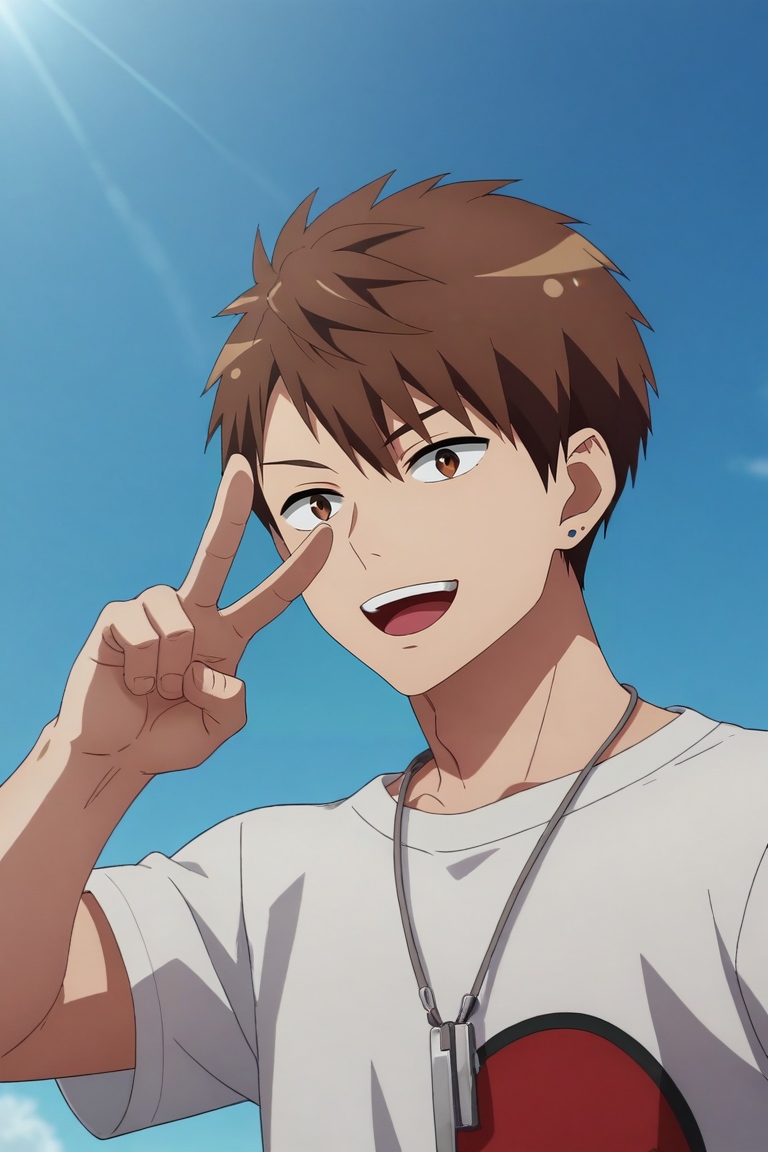 score_9, score_8_up, score_7_up, , rating_safe, , anime screencap, anime coloring, official style, , , 1boy, solo, male focus, <lora:ryuuya_romantic_killer_pony:0.76>, ryuuya_romantic_killer, brown hair, brown eyes, short hair, from below, ayers rock, day, sunny, v, peace sign, laughing, , <lora:sdxl_lightning_8step_lora:1>