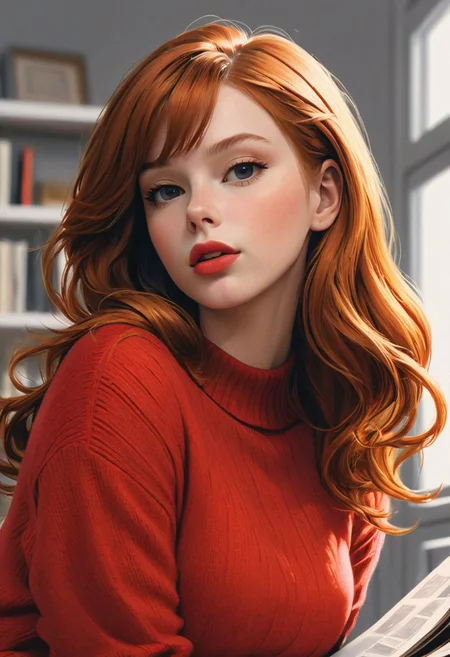 (1girl, solo, masterpiece, 8k, HDR,), ginger girl,
character concept art of a beautiful woman leaning over, red sweater falling off her shoulder, cleavage, extremely sexy, seductive, long hair, luscious lips, comic book art, rough colored sketch,
(small breasts, big hips, looking at the viewer),
(simple background, white background)
