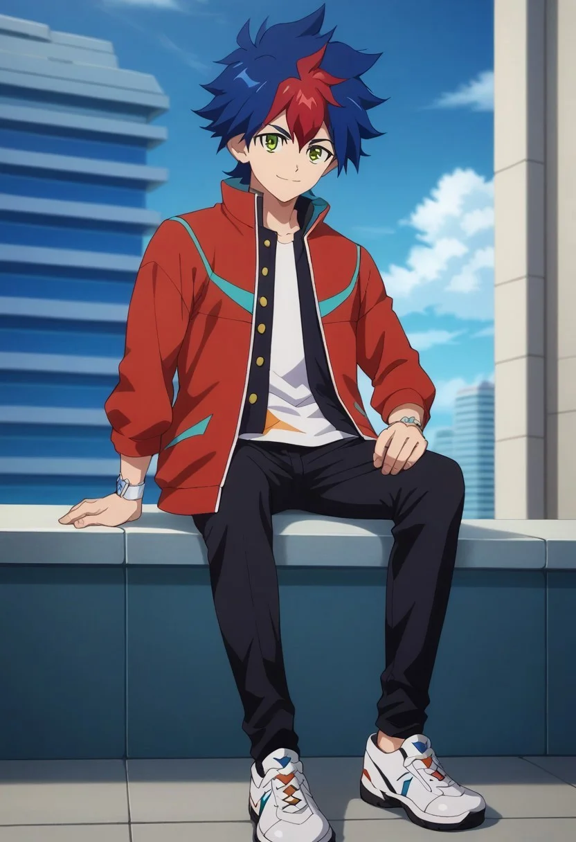 score_9, score_8_up, score_7_up, source_anime, highly detailed, 

Tenryu, 1boy, male focus, solo, blue hair, green eyes, multicolored hair, jacket, red hair, red jacket, 
looking at viewer, shoes, two-tone hair, shirt, sneakers, spiked hair, pants,

outdoor, sky, building, day, clouds, sit, posing for a photo, smile,