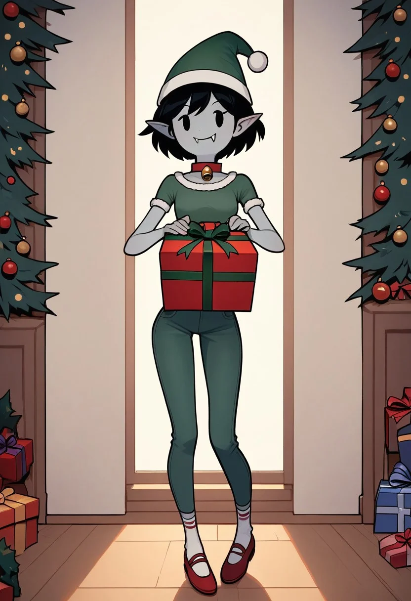 (score_9 | score_8_up | score_7_up)
((masterpiece:1))(best quality,very high quality,ultra detailed:1.2)
(2D,anime style:1)(lora:add-detail-xl:1)(Smooth:2)(clean blurring)
(four fingers on each hand,one thumb on each hand:1)
(detailed hands:1)(extra detailed,realistic eyes)
(solo,alone,one character)(anatomically correct)
(detailed face and eyes:1)(precise face and eyes:1)
|
(indoors,living room,looking at viewer,front view:1)
(happy,joy,adorable:1)(standing,holding christmas present:1.5)
(wonderfully wrapped Christmas present:1)
(christmas outfit,jingle bell collar:1)
(green hat,festive green shirt,green pants,socks,red shoes)
|
(marci)(grey skin,black hair,short hair,dot eyes,fangs,pointy ears:1)
(flat chest,thin arms,skinny waist,narrow waist,skinny thighs,skinny legs:1)
(short stature,slim body,petite:1.5)
(short arms,short torso,short legs:1)