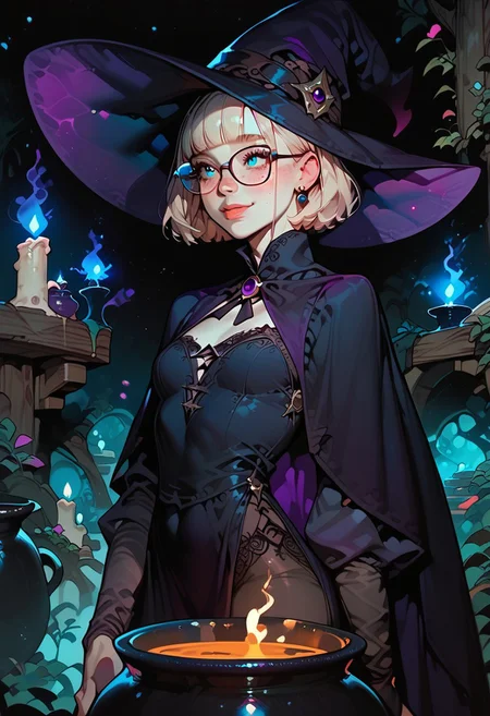 masterpiece,best quality, highly detailed, score_9, score_9,score_8_up,score_7_up, short blonde hair, blunt bangs, blue eyes, big squared eyeglasses, small breasts, slim, pale skin, freckles, standing, shy smile, closed lips, purple witch hat, purple witch dress, black cauldron, mystical forest, night time